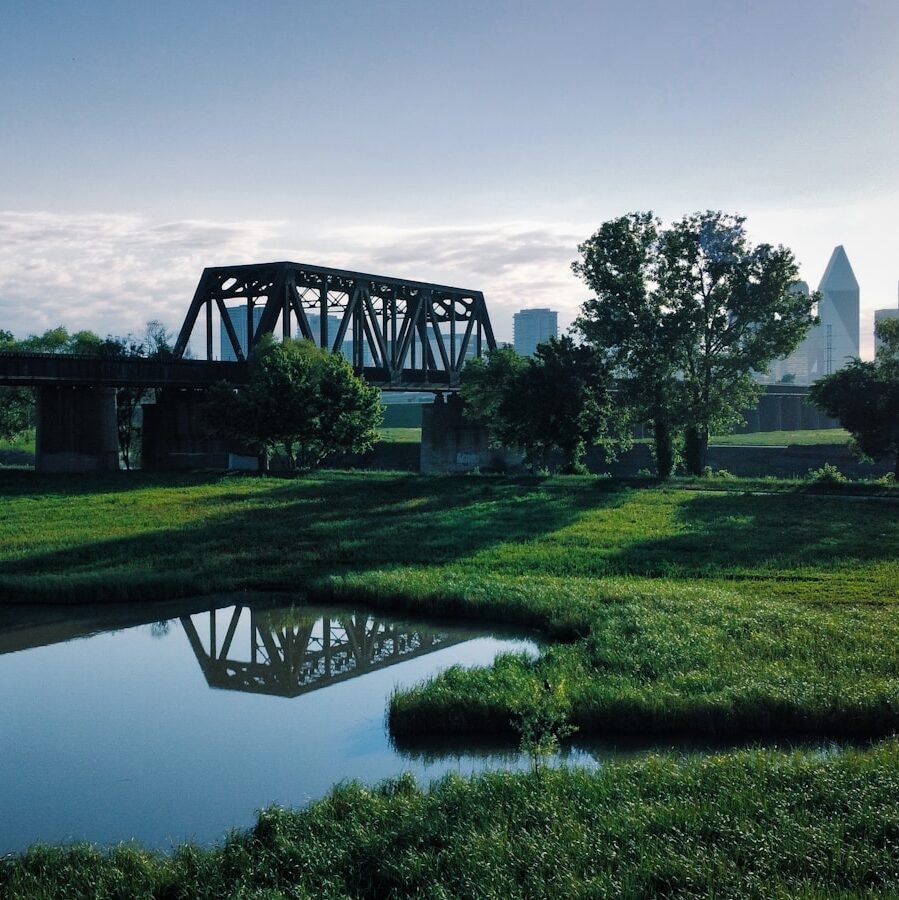 a large bridge over a small river in a park